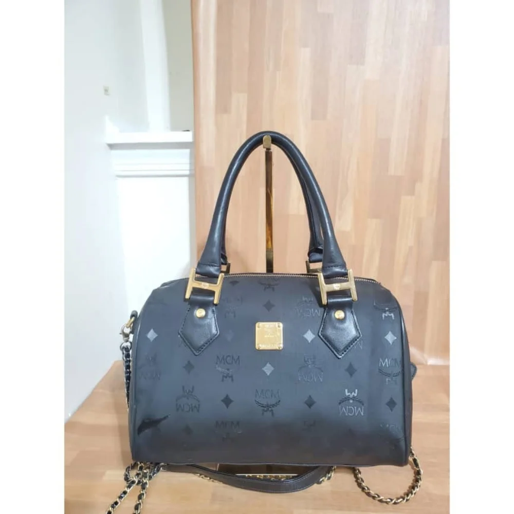 Authentic MCM Signature Visetos Monogram Boston Bag with Strap